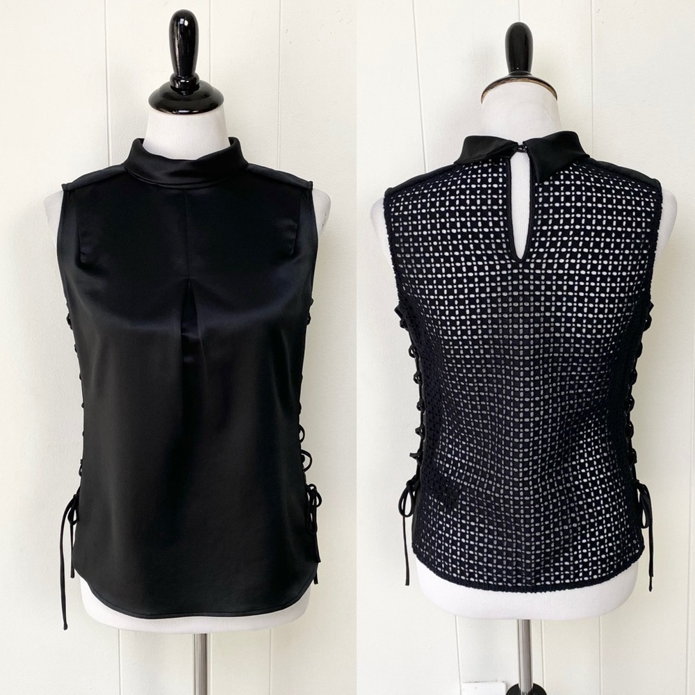 Karen Millen Black High Neck Corset Lace Up Sides Lace Back Sleevless Top US 4